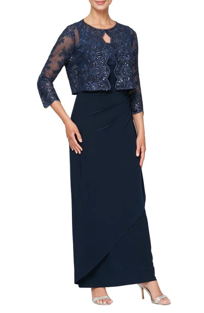 Alex Evenings Embroidered Empire Gown With Jacket In Navy