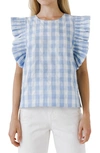 English Factory Gingham Ruffle Sleeve Top In Blue