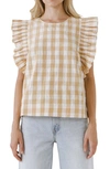 English Factory Gingham Ruffle Sleeve Top In Beige