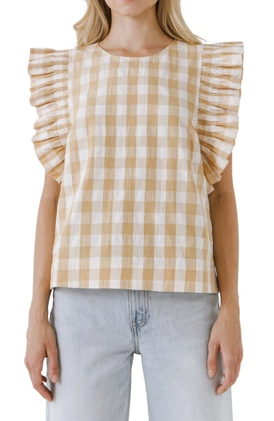 English Factory Gingham Ruffle Sleeve Top In Beige