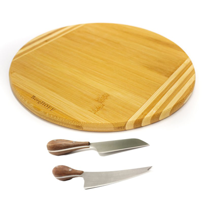 Berghoff Bamboo 3pc Round Board And Aaron Probyn Cheese Knives Set In Brown