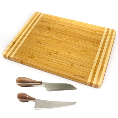 Berghoff Bamboo 3pc Striped Cutting Board And Aaron Probyn Cheese Knives Set In Silver