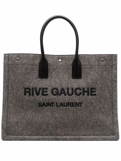 Saint Laurent Large Logo-embroidered Leather-trimmed Felt Tote Bag In Grey