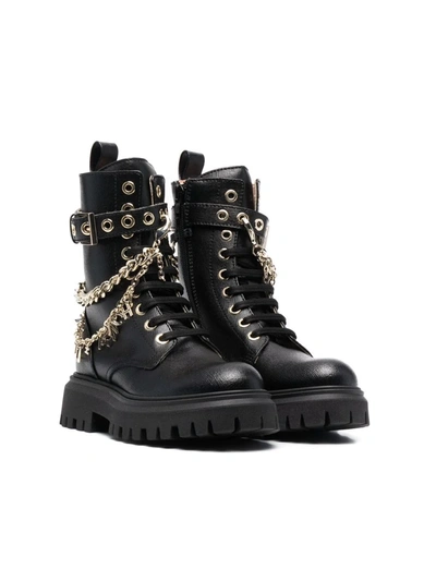 Elisabetta Franchi La Mia Bambina Black Teen Boots With Chains, Round Tip And Laces Kids In Nero