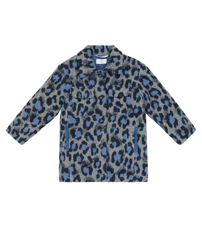 Paade Mode Kids' Leopard-print Wool And Cotton-blend Coat In Blue