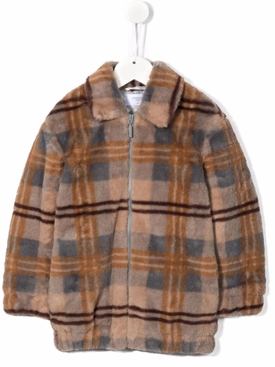 Paade Mode Kids' Plaid-print Faux Fur Coat In Brown