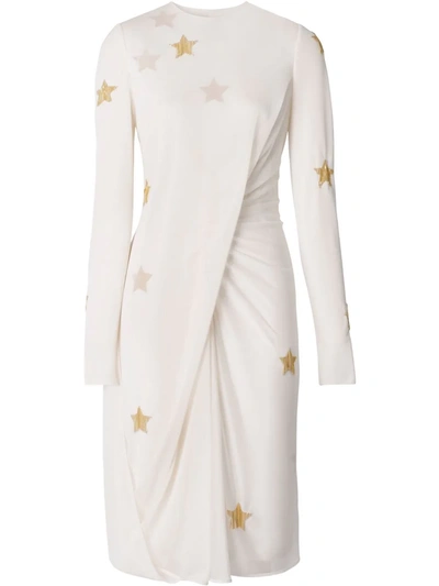 Burberry Ivory Long-sleeve Star Motif Gathered Silk Viscose Dress In Beige