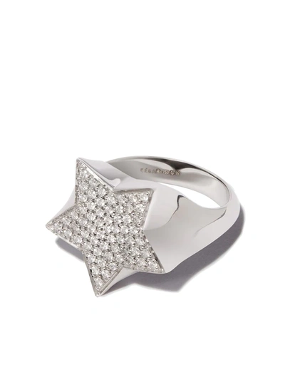 Eéra 18kt White Gold Star Diamond Pavé Signet Ring In Silver