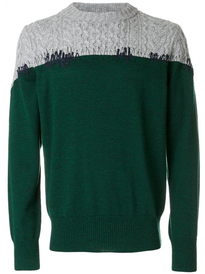 Sacai Cable Knit Panel Wool Jumper In Green-grey