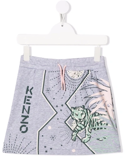 Kenzo Kids' Tiger-print Drawstring-waist Skirt In Grey