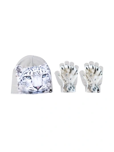 Molo Kids' Snowleo Face Kaya Beanie And Gloves Set In Grey
