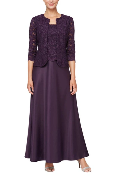 Alex Evenings Embroidered Lace Mock Two-piece Gown With Jacket In Eggplant