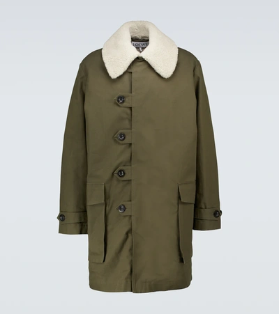 Loewe Faux Shearling-collar Canvas Parka In Green