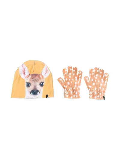 Molo Kids' Fawn-print Hat And Glove Set In Brown