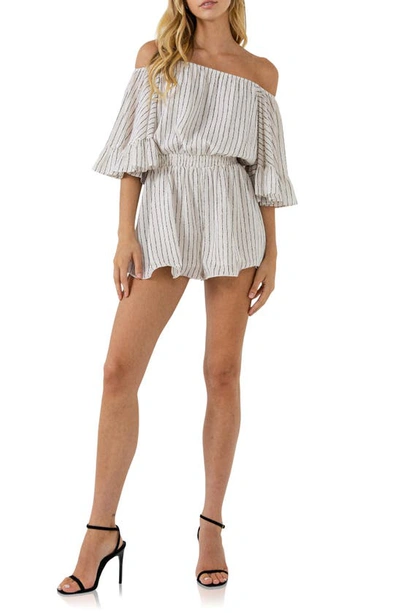 Free The Roses Stripe Off The Shoulder Romper In Cream/black