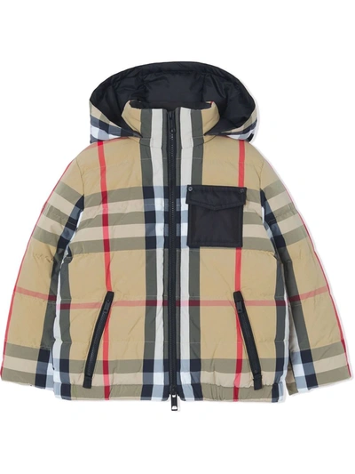 Burberry Kids Reversible Beige Down Check Puffer Jacket In Brown