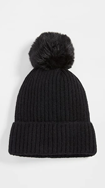 Hat Attack Cashmere Slouchy Cuff Beanie With Faux Fur Pom In Black