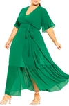 City Chic Flutter Sleeve Wrap Maxi Dress In Green Stone
