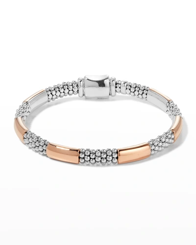 Lagos 18k Rose Gold & Sterling Silver High Bar Polished & Caviar Bead Bracelet In Silver/rose Gold