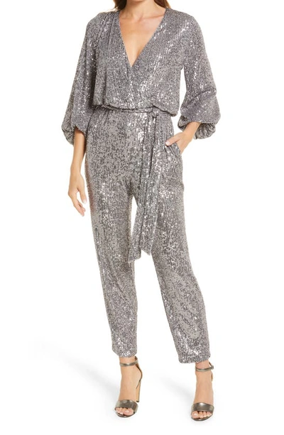 Eliza J Sequin Balloon Long Sleeve Jumpsuit In Grey
