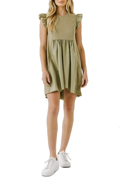 English Factory Mixed Media Ruffle Dress In Sage