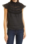 Frame Shirred Lace-trimmed Ramie-voile Top In Noir