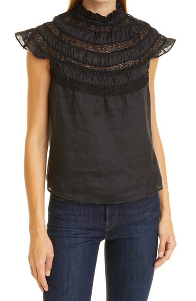 Frame Shirred Lace-trimmed Ramie-voile Top In Noir