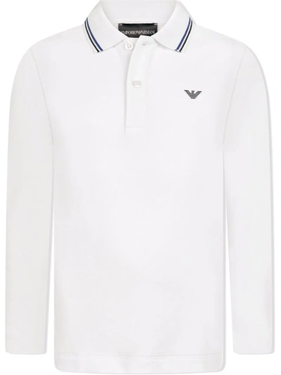 Emporio Armani Kids' Logo-print Long-sleeve Polo Shirt In White