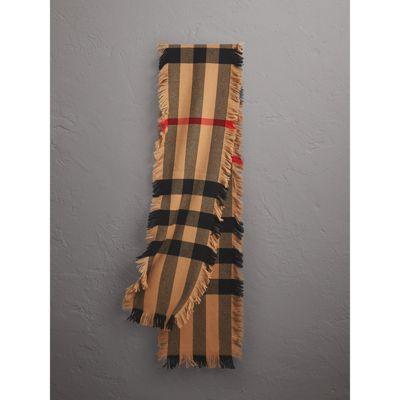 Burberry Fringed Check Wool Scarf In 
