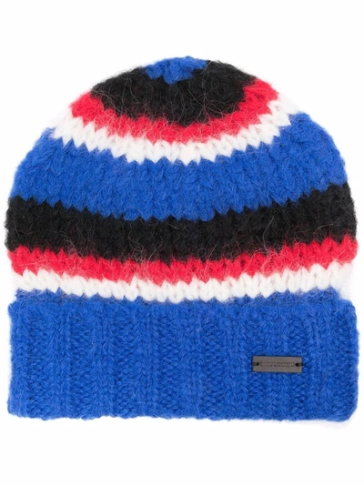 Saint Laurent Multicolour Striped Bonnet Cap In Blau