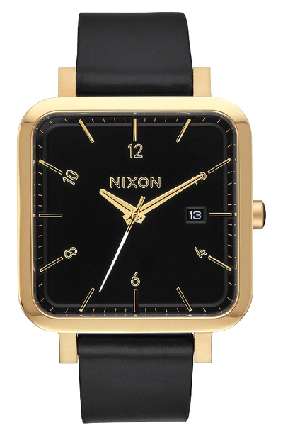 Nixon 'ragnar' Leather Strap Watch, 36mm In Black/ Gold