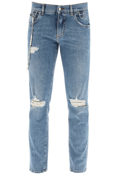 Dolce & Gabbana Destroyed Jeans With Keychain In Blue