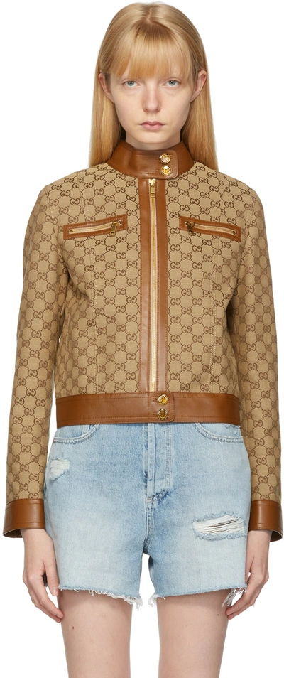 Gucci Cotton Blend Logo Jacket W/ Leather Trim In Brown