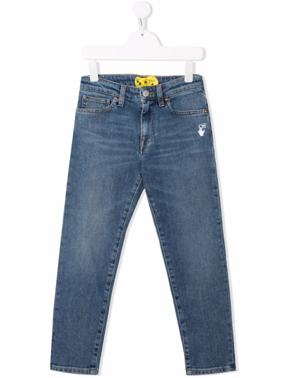 Off-white Blue Slim Fit Kids Jeans With Logo And Diagonals