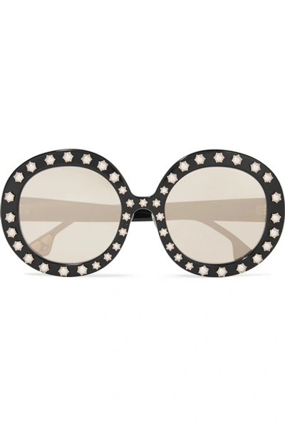 Alice And Olivia Bel Air Swarovski Pearl-embellished Round-frame Acetate Sunglasses In Black