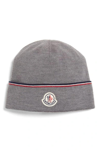 Moncler Logo Patch Wool Beanie - Grey In Light Grey
