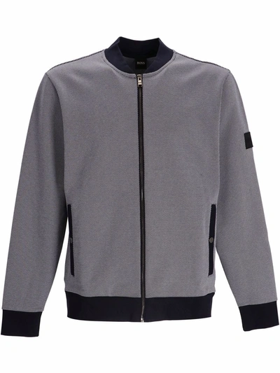 Hugo Boss Logo Badge Bomber Jacket In Three Tone Jacquard In Blau