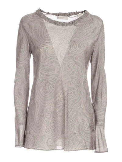 Le Tricot Perugia Cashmere Printed Blouse In Grey
