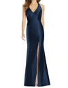 Alfred Sung V-neck Halter Satin Trumpet Gown In Blue