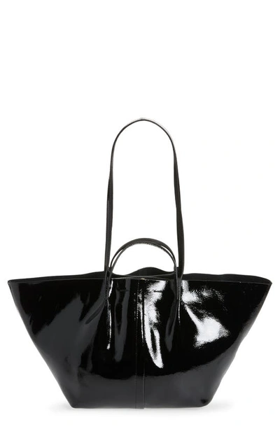 Allsaints Womens Liquid Black Odette Wide Crinkled Patent Leather Tote Bag 1 Size