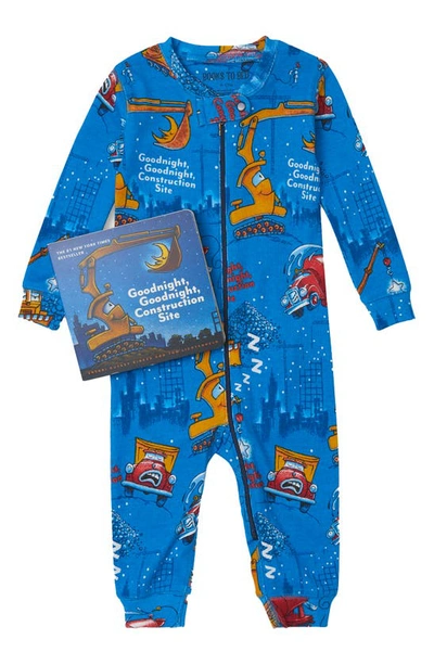 Books To Bed Babies' Goodnight, Goodnight Construction Site Fitted One-piece Pajamas & Book Set In Blue