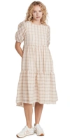 English Factory Plaid Tiered Ruffle Cotton Blend Dress In Cream