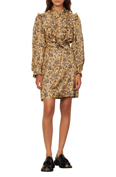 Sandro Harmonie Printed Silk Ruffle Dress In Gold Blue