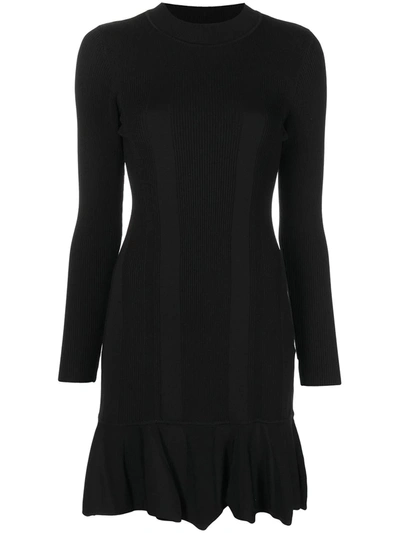 Nicole Miller Rib-knit Long-sleeve Flounce Dress In Black