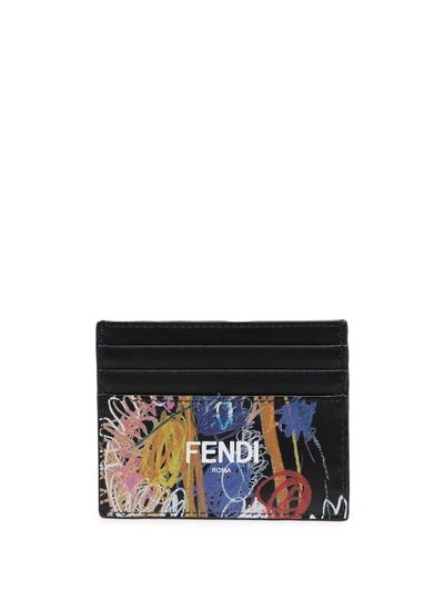 Fendi X Noel Fielding Signature Scribble Cardholder In Black Multicolor Palladium