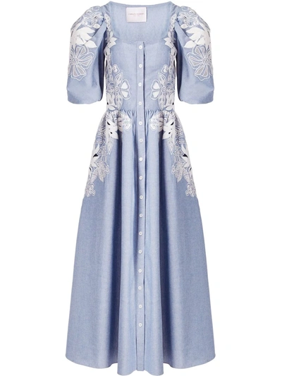 Carolina Herrera Puff-sleeve Floral Eyelet Chambray Midi Dress - Bci Cotton In Ivoryblue