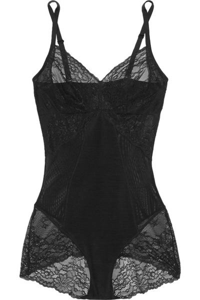 Spanx Spotlight Lace-paneled Stretch-mesh Bodysuit In Very Black