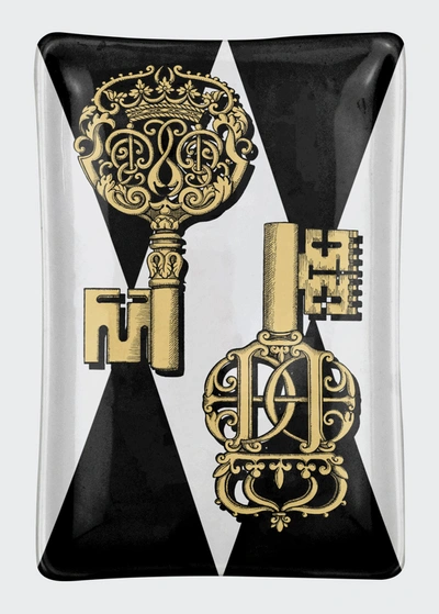 Fornasetti Chiavi Gold And Rombi Rectangular Ashtray In Black/white