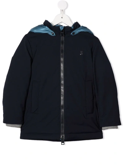 Herno Teen Zip-up Hooded Down Coat In Blue