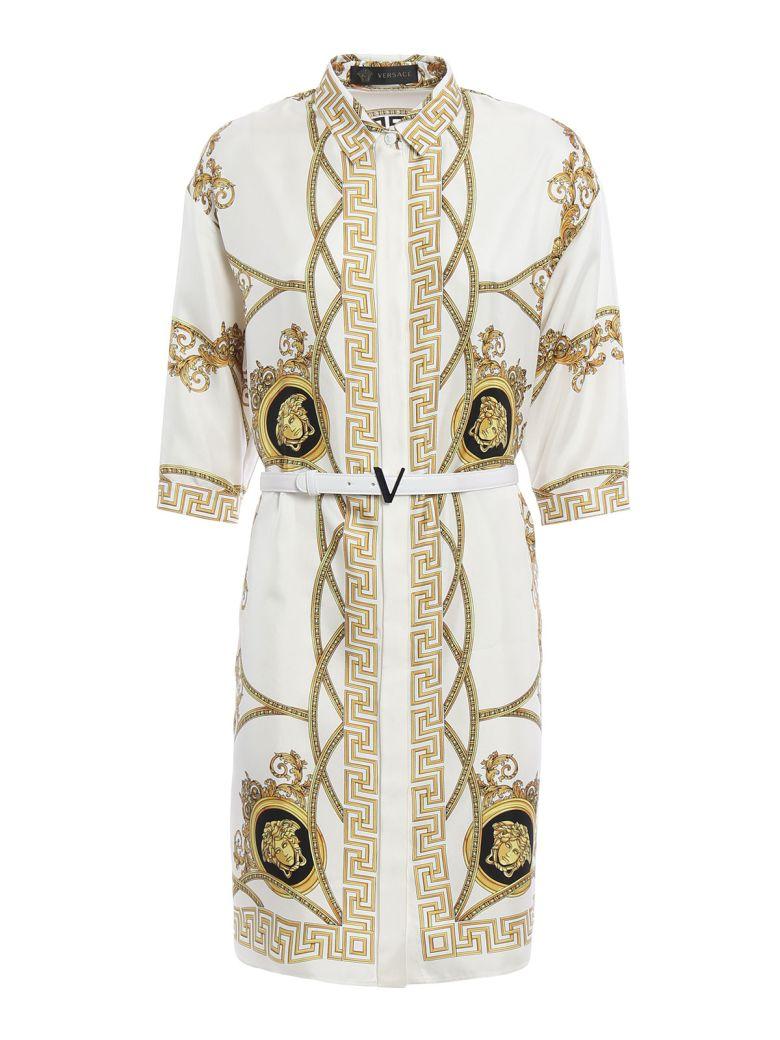 Versace Baroque Print Silk Belted Dress In White/gold | ModeSens